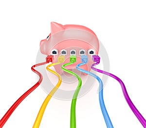 Colorful patchcords connected to piggy bank.