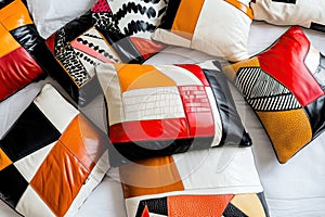 Colorful Patchwork Leather Pillows on White Bed