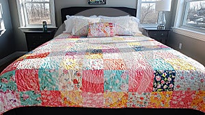 Colorful patchwork quilt on a bed