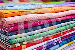 colorful patchwork quilts stacked on a market stall