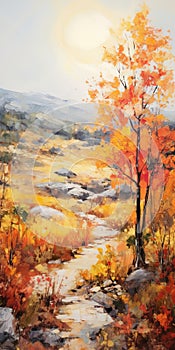 Colorful Path Through Autumn Shrubland: Vibrant Oil Painting