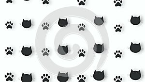 Colorful pattern of black cat heads and paws on white background with shadows. Seamless pattern with cat paw and faces