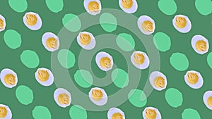 Colorful pattern of chicken eggs on green background. Pop art design. Seamless pattern with egg. Top view. Realistic