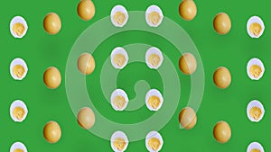 Colorful pattern of chicken eggs on green background. Seamless pattern with egg. Top view. Realistic animation. 4K video