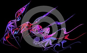 A colorful pattern of directed wavy elements and spiral on a black background. Abstract fractal background. Graphic design element