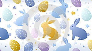 Colorful Pattern of Easter Eggs and Rabbits on White Background for Festive Celebration