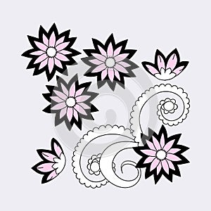 Colorful pattern with isolated black pink doodle flowers