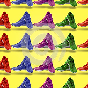 Colorful pattern sneakers sport footwear shopping yellow background