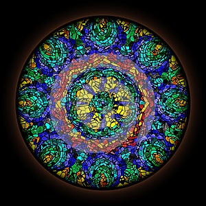 Colorful pattern in style of Gothic stained glass window with round frame. Abstract floral ornament