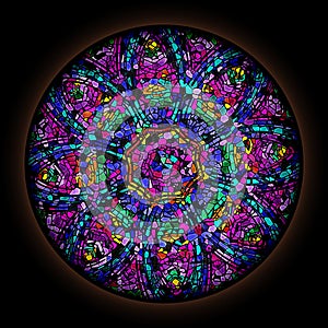 Colorful pattern in style of Gothic stained glass window with round frame. Abstract floral ornament