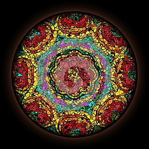 Colorful pattern in style of Gothic stained glass window with round frame. Abstract floral ornament