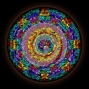 Colorful pattern in style of Gothic stained glass window with round frame. Abstract floral ornament