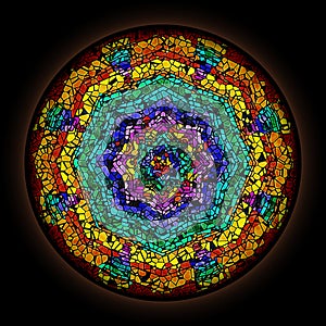 Colorful pattern in style of Gothic stained glass window with round frame. Abstract floral ornament