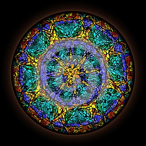 Colorful pattern in style of Gothic stained glass window with round frame. Abstract floral ornament