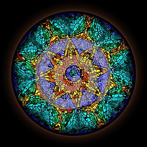 Colorful pattern in style of Gothic stained glass window with round frame. Abstract floral ornament