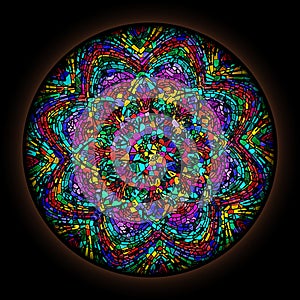 Colorful pattern in style of Gothic stained glass window with round frame. Abstract floral ornament