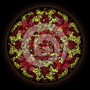 Colorful pattern in style of Gothic stained glass window with round frame. Abstract floral ornament