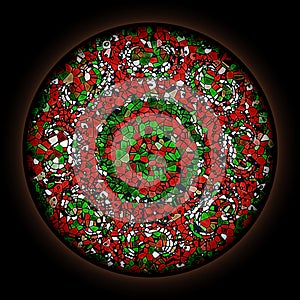 Colorful pattern in style of Gothic stained glass window with round frame. Abstract floral ornament