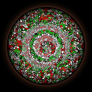 Colorful pattern in style of Gothic stained glass window with round frame. Abstract floral ornament