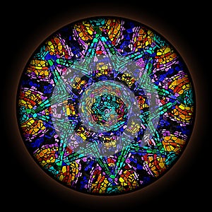 Colorful pattern in style of Gothic stained glass window with round frame. Abstract floral ornament