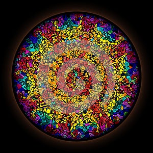 Colorful pattern in style of Gothic stained glass window with round frame. Abstract floral ornament