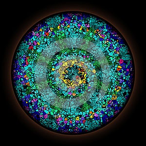 Colorful pattern in style of Gothic stained glass window with round frame. Abstract floral ornament