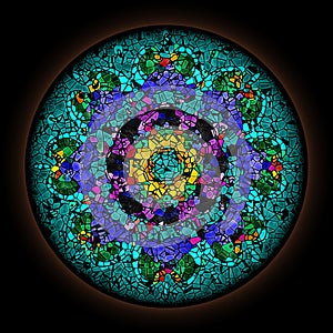 Colorful pattern in style of Gothic stained glass window with round frame. Abstract floral ornament