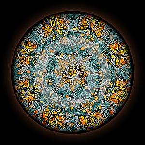 Colorful pattern in style of Gothic stained glass window with round frame. Abstract floral ornament