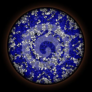 Colorful pattern in style of Gothic stained glass window with round frame. Blue and white floral ornament