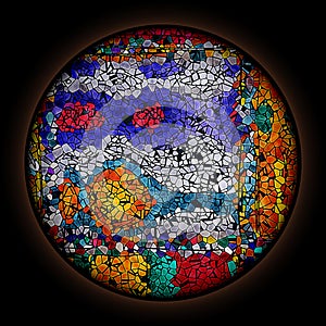 Colorful pattern in style of Gothic stained glass window with round frame. Multicolored abstract ornament