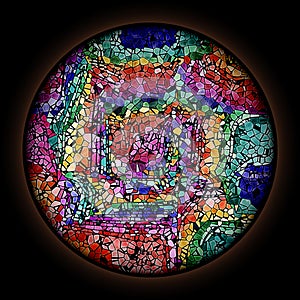 Colorful pattern in style of Gothic stained glass window with round frame. Multicolored abstract ornament