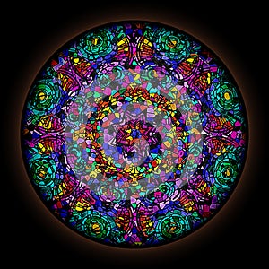 Colorful pattern in style of Gothic stained glass window with round frame. Multicolored floral ornament