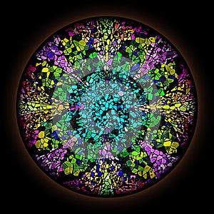 Colorful pattern in style of Gothic stained glass window with round frame. Multicolored floral ornament