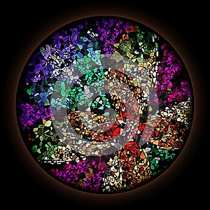 Colorful pattern in style of Gothic stained glass window with round frame. Multicolored floral ornament