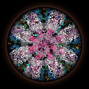 Colorful pattern in style of Gothic stained glass window with round frame. Multicolored floral ornament