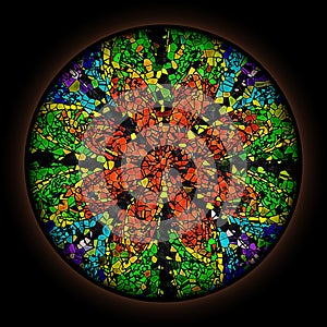 Colorful pattern in style of Gothic stained glass window with round frame. Multicolored floral ornament