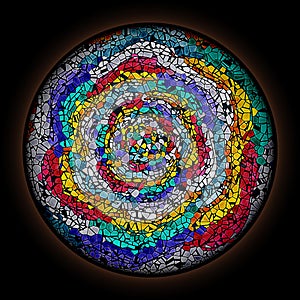 Colorful pattern in style of Gothic stained glass window with round frame. Multicolored floral ornament