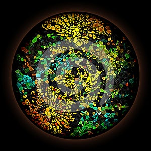 Colorful pattern in style of Gothic stained glass window with round frame. Multicolored floral ornament