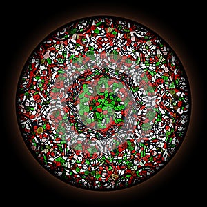 Colorful pattern in style of Gothic stained glass window with round frame. Multicolored floral ornament