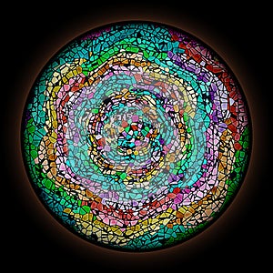 Colorful pattern in style of Gothic stained glass window with round frame. Multicolored floral ornament