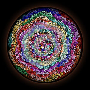 Colorful pattern in style of Gothic stained glass window with round frame. Multicolored floral ornament