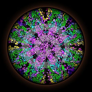 Colorful pattern in style of Gothic stained glass window with round frame. Multicolored floral ornament