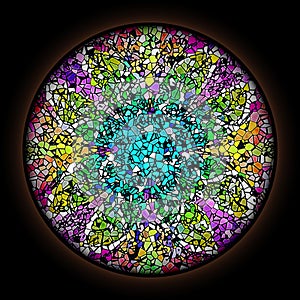 Colorful pattern in style of Gothic stained glass window with round frame. Multicolored floral ornament