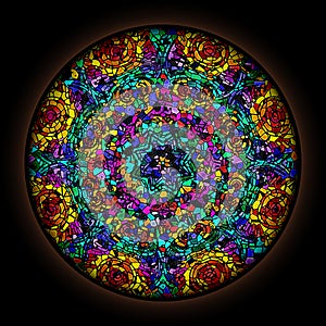 Colorful pattern in style of Gothic stained glass window with round frame. Multicolored floral ornament