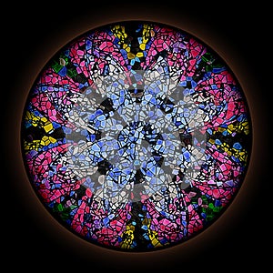 Colorful pattern in style of Gothic stained glass window with round frame. Multicolored floral ornament