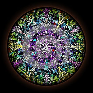 Colorful pattern in style of Gothic stained glass window with round frame. Multicolored floral ornament