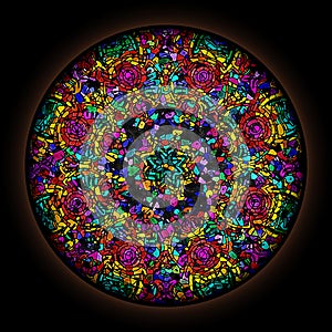 Colorful pattern in style of Gothic stained glass window with round frame. Multicolored floral ornament