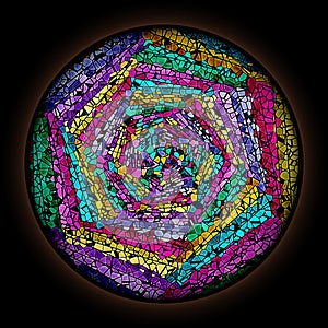 Colorful pattern in style of Gothic stained glass window with round frame. Multicolored Spiral Abstract Pattern