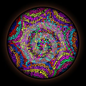 Colorful pattern in style of Gothic stained glass window with round frame. Multicolored Spiral Abstract Pattern