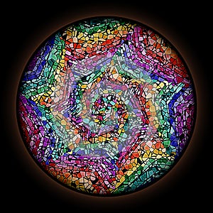 Colorful pattern in style of Gothic stained glass window with round frame. Multicolored Spiral Abstract Pattern